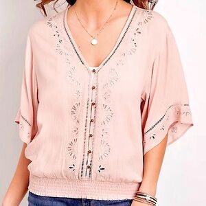 Maurices Light Pink Eyelet Elbow Sleeve Button Down Smock Blouse Womens XS NEW